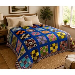 Handmade Patchwork Quilt 86x72 Full Size Colorful Modern Tied Bedspread